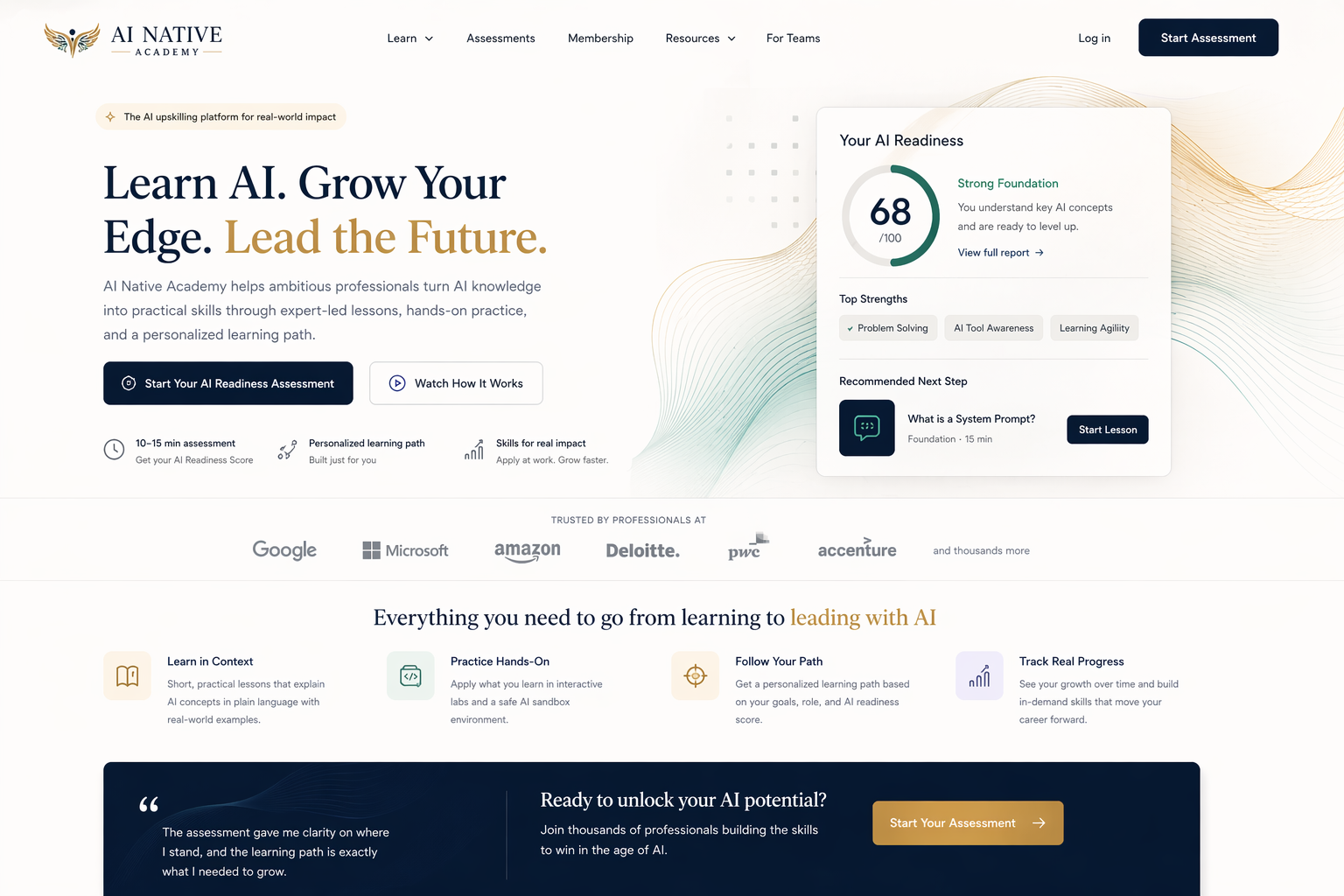 AI Native Academy homepage and readiness preview